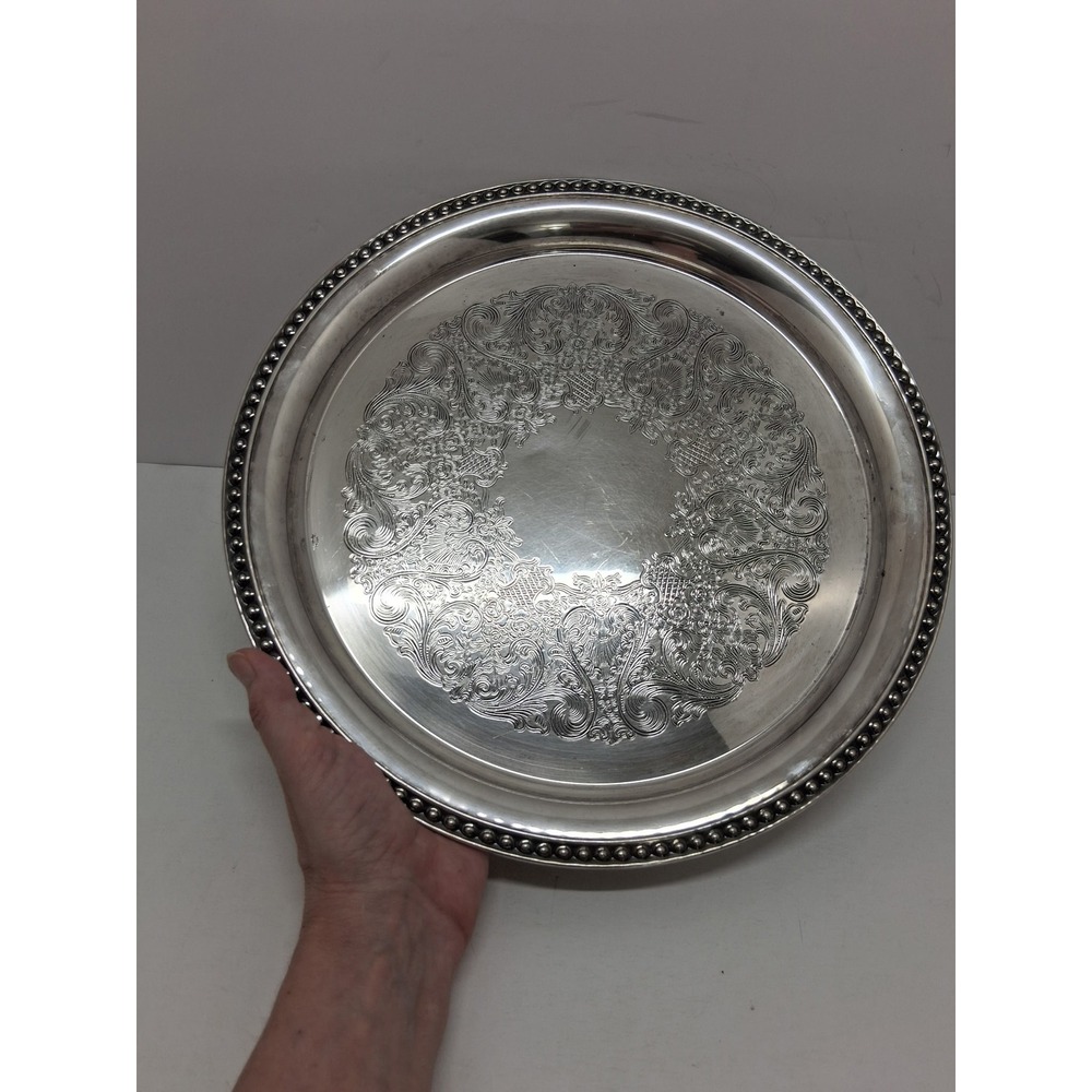 Wm. Rogers Silver Plate Round tray Etched Floral Scroll Beaded Rim 12.25"